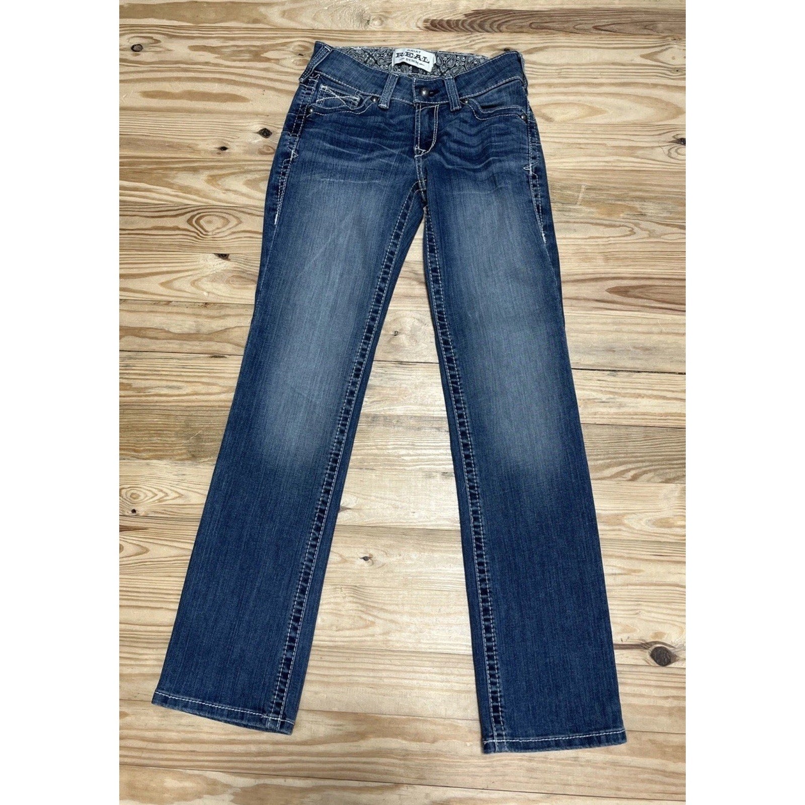 Ariat Real Embroidered Blue Denim Whiskered Western Straight Jeans Women's 25S