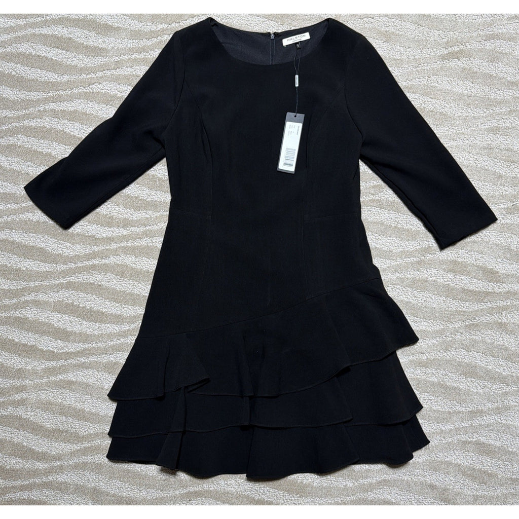 Halston Heritage Black Womens 14 Ponte Tiered Ruffle Dress NWT $325 Stretch