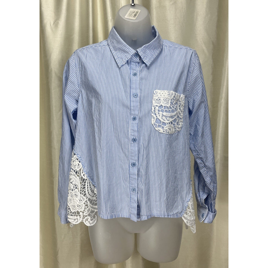 R N B Pinstripe Blue And White Lace Button Down Longsleeve Shirt Women’s Size M