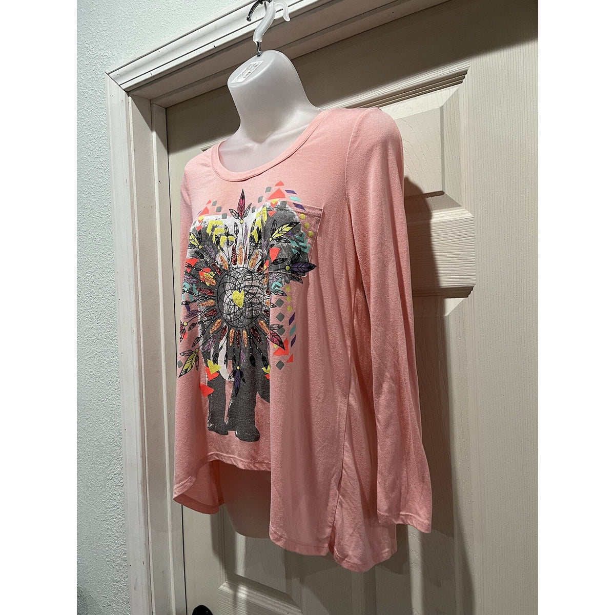 Belle Du Jour Pink Elephant Dreamcatcher Graphic Top Long Sleeve Split Back Boho