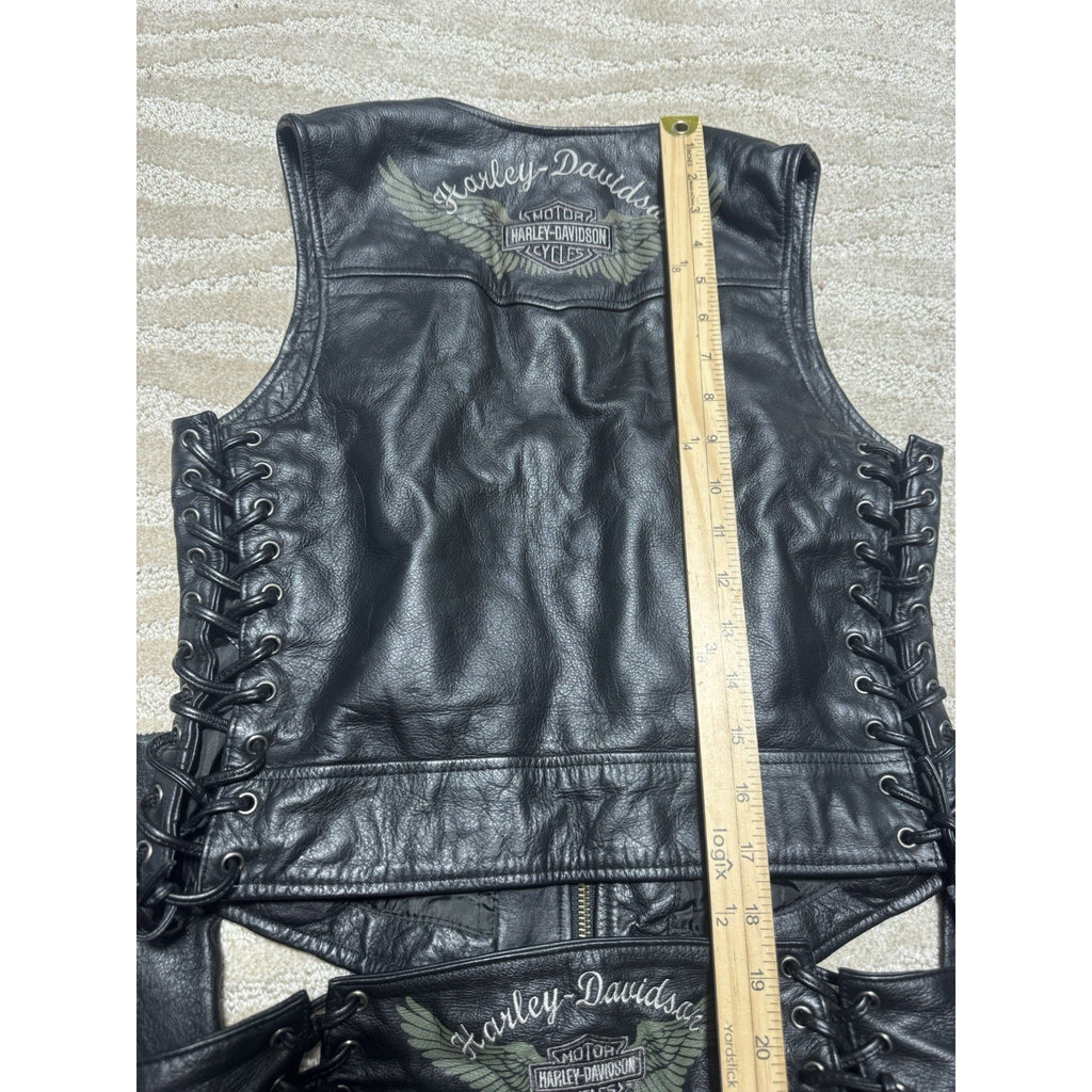 Harley-Davidson Leather Vest & Chaps Matching Set Green Wing Logo Black