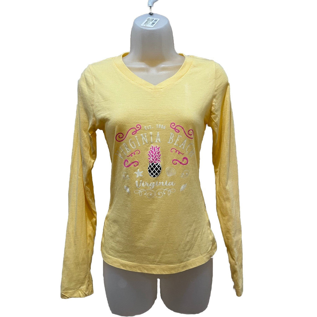 U.S. Vintage Pineapple Yellow V-Neck T-shirt Long Sleeve Size Women's Medium