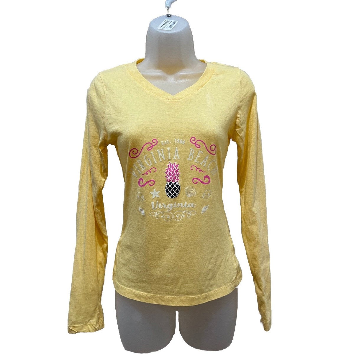U.S. Vintage Pineapple Yellow V-Neck T-shirt Long Sleeve Size Women's Medium