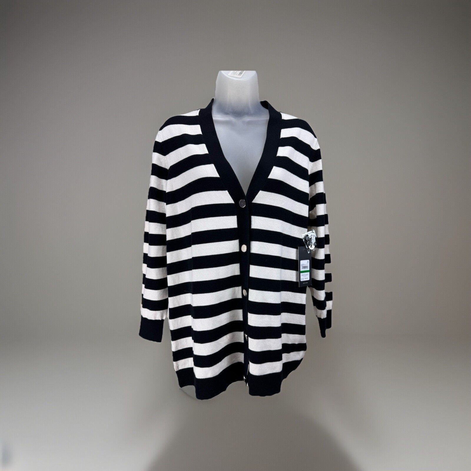 Jones New York Sport Women’s Black & White Stripe Silver Button Cardigan Large