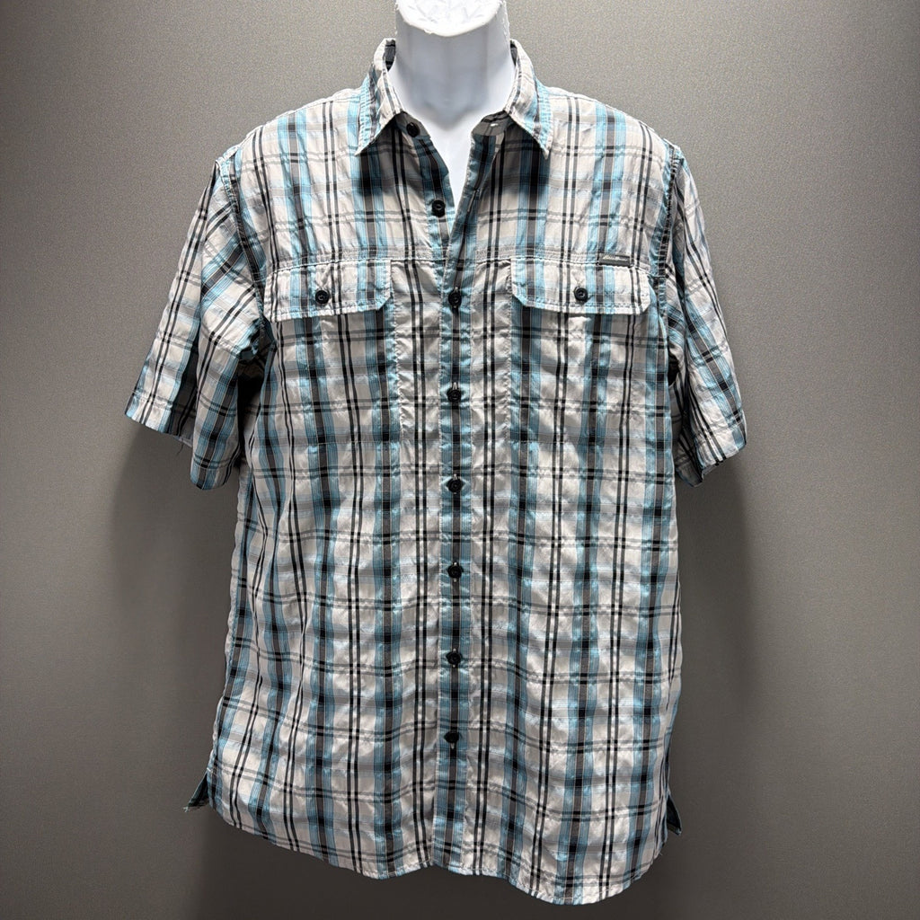 Eddie Bauer Travex Shirt Men Large Tall Blue White Plaid Hiking Fishing Outdoor