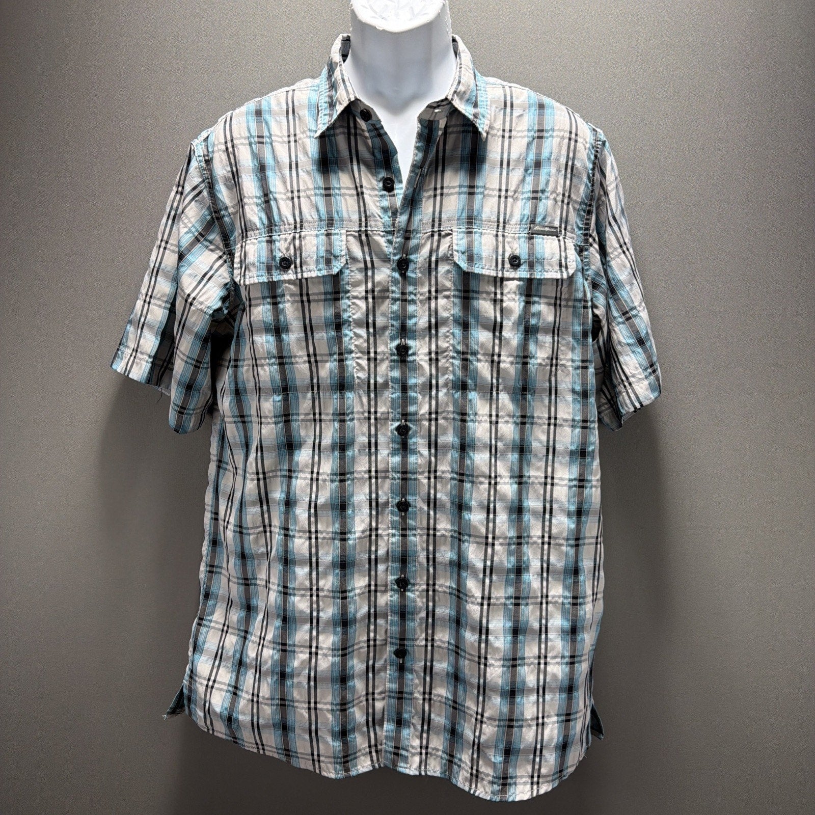 Eddie Bauer Travex Shirt Men Large Tall Blue White Plaid Hiking Fishing Outdoor