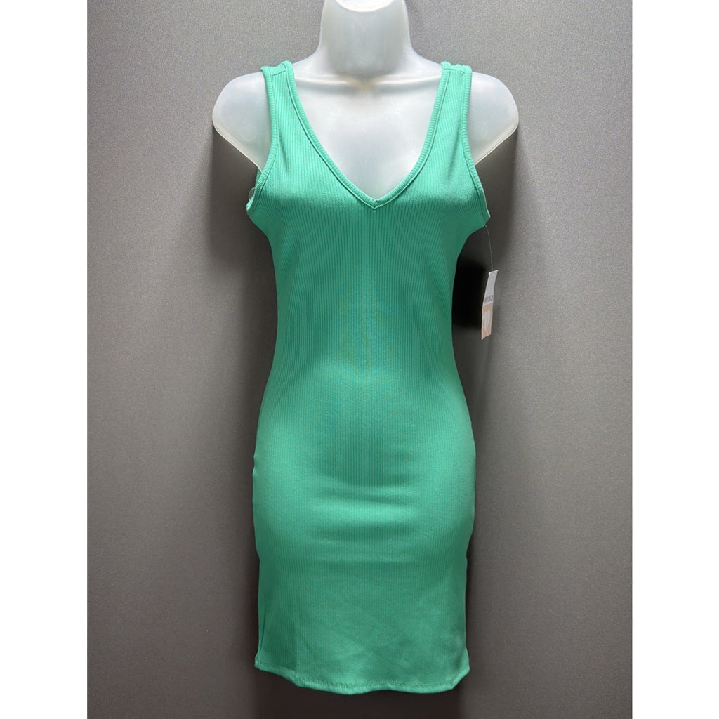 Popular 21 Green Ribbed Knit V Neck Sleeveless Bodycon Mini Dress M Stretch New
