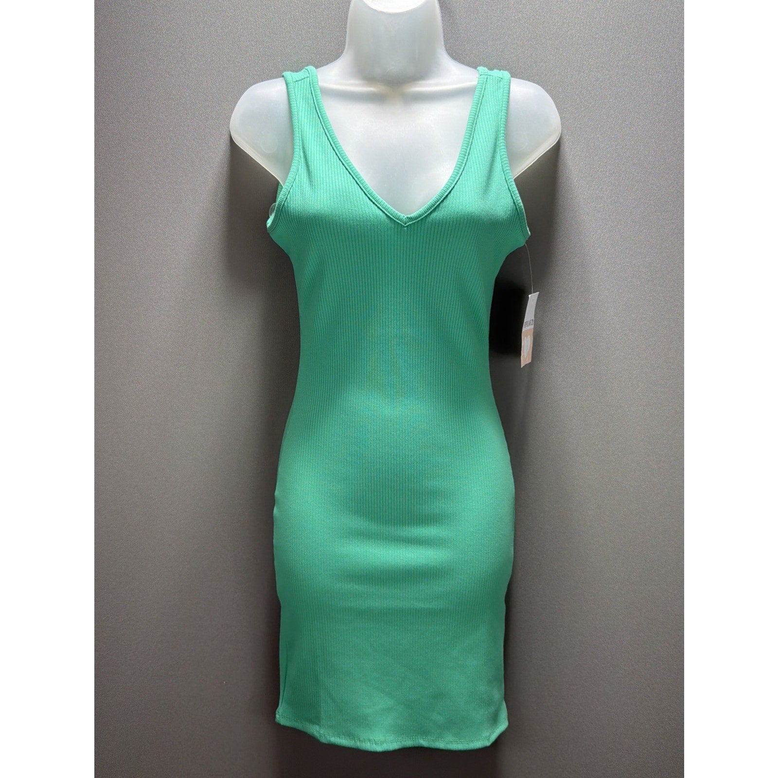 Popular 21 Green Ribbed Knit V Neck Sleeveless Bodycon Mini Dress M Stretch New