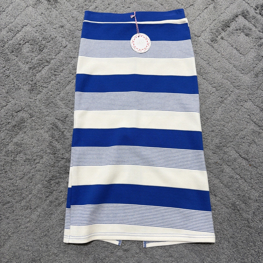 New Umgee Blue White Striped Pull On Midi Skirt Elastic Waist Womens Medium