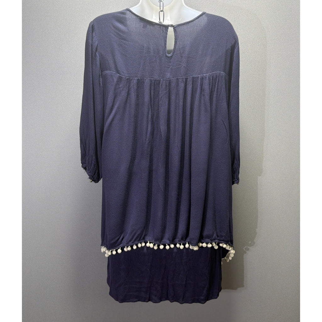 Jodifl Dress Womens Large Navy Blue Embroidered Pom Pom Boho Tunic Mini