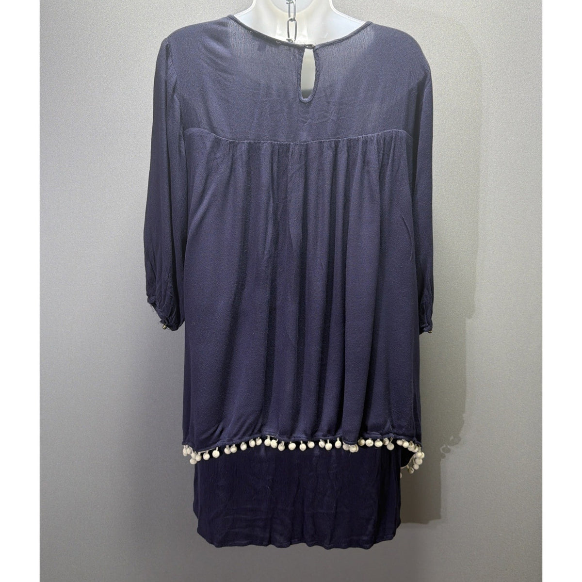 Jodifl Dress Womens Large Navy Blue Embroidered Pom Pom Boho Tunic Mini