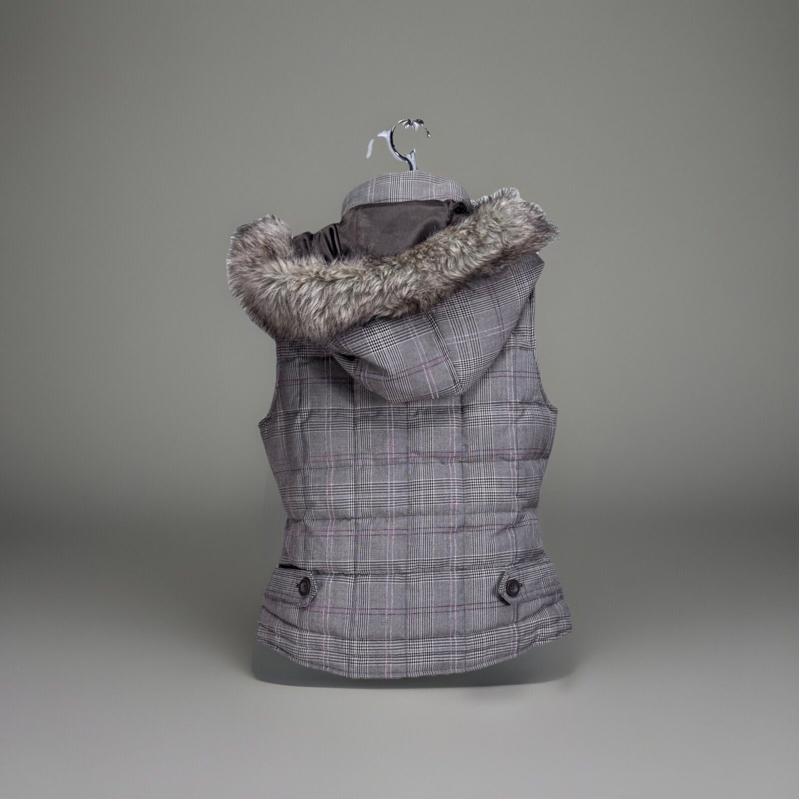 Aeropostale Plaid Down Puffer Vest Jacket Faux Fur Trim Hood Size Women’s Medium