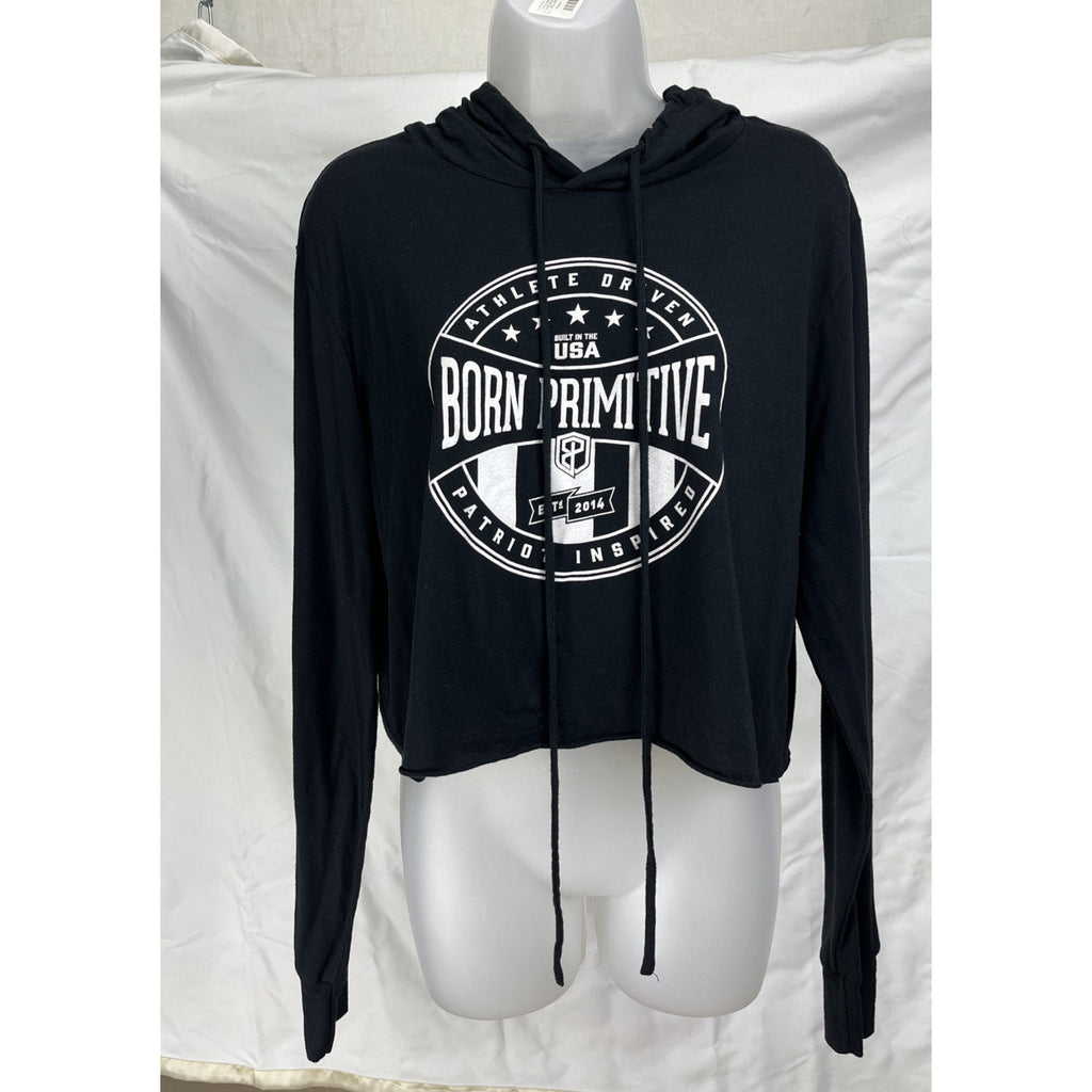 Born Primetime Women’s Black Cropped T Shirt Hoodie Size Large