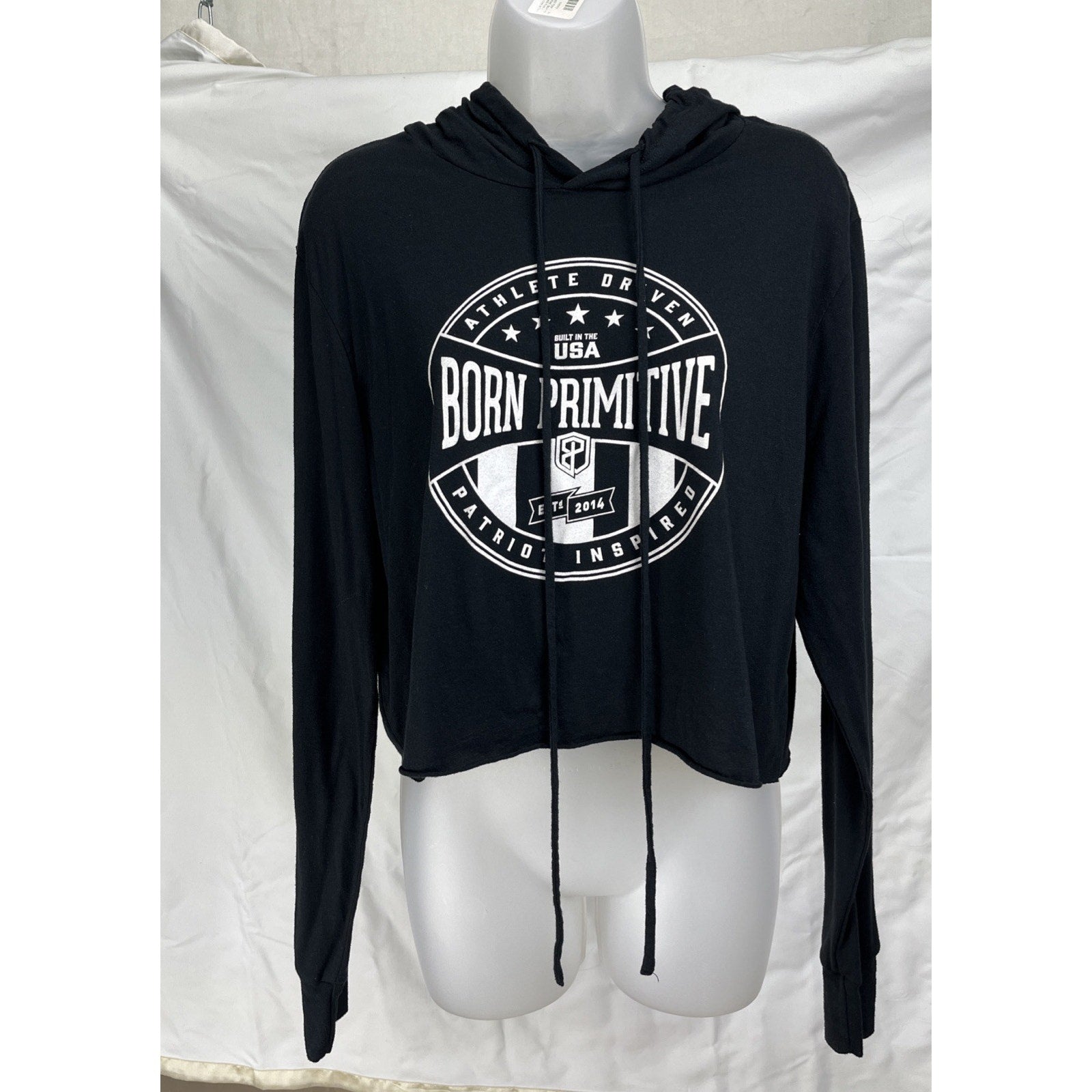 Born Primetime Women’s Black Cropped T Shirt Hoodie Size Large