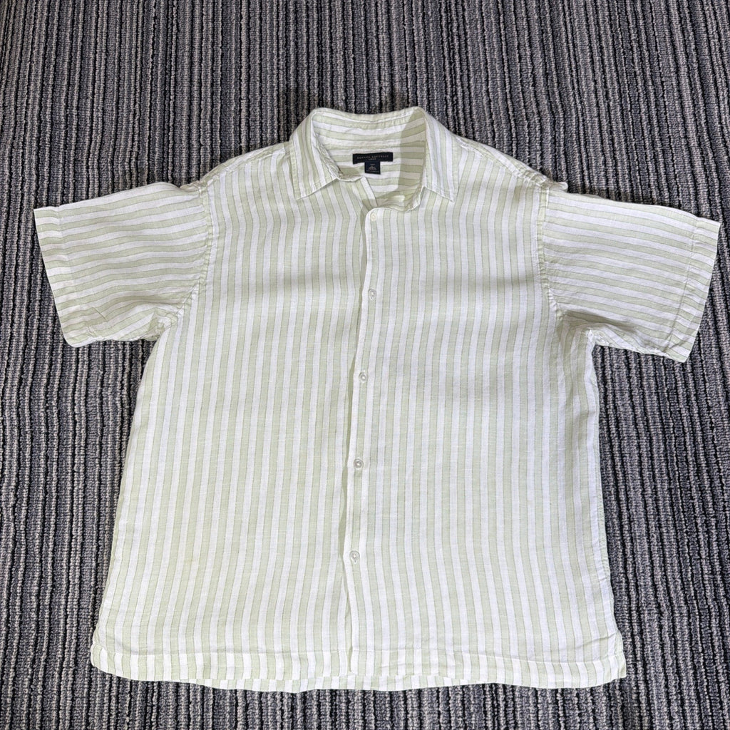 Banana Republic Mens L Green 100% Linen Short Sleeve Striped Button Down Shirt