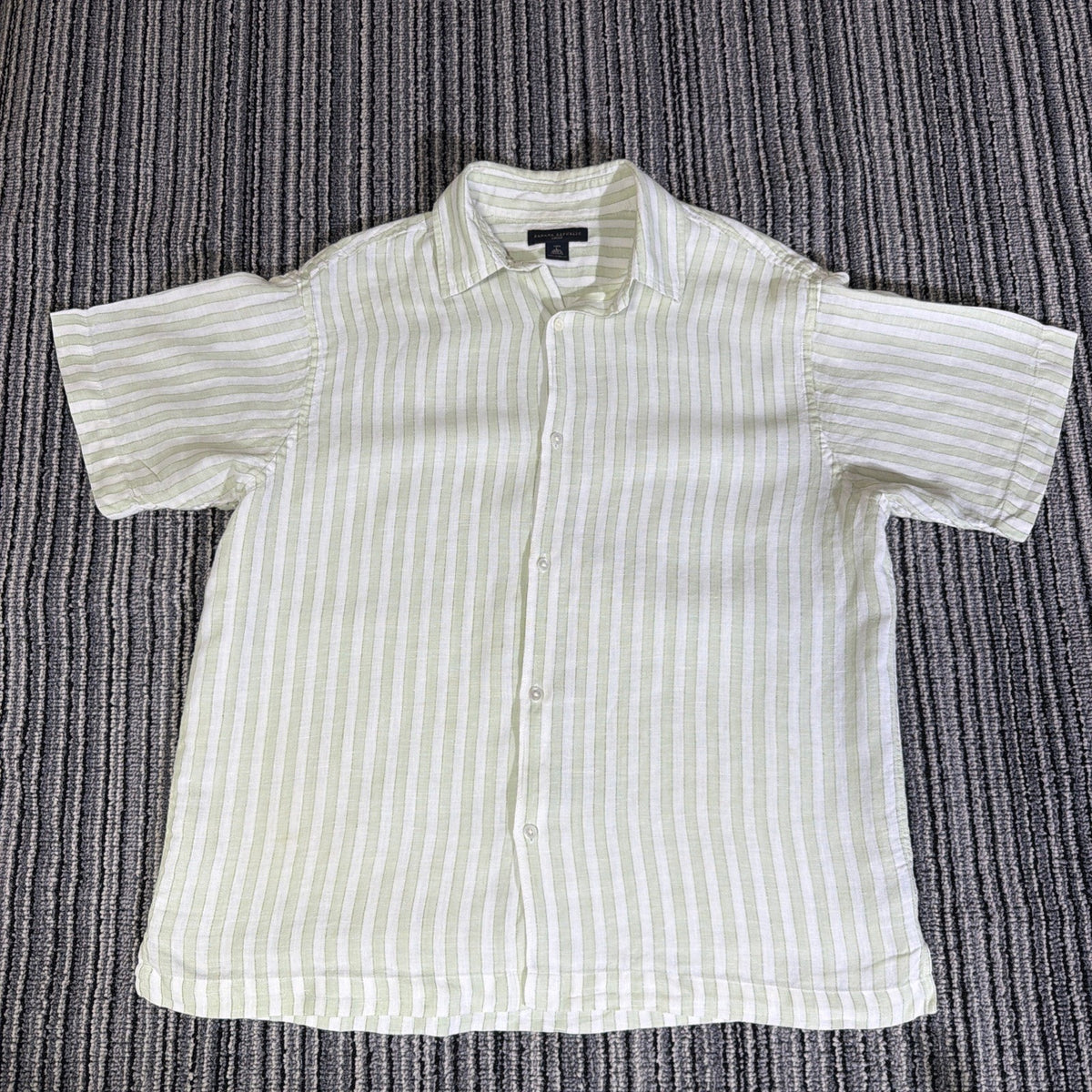 Banana Republic Mens L Green 100% Linen Short Sleeve Striped Button Down Shirt