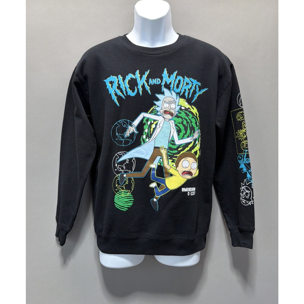 Rick and Morty Adult Swim Dimension Size S Black Crew Neck Fleece Sweatshirt