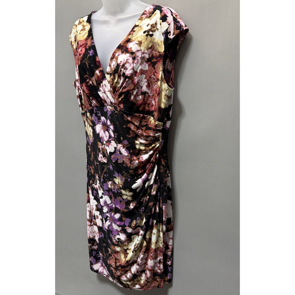 Lauren Ralph Lauren Dress Women 14 Floral Faux Wrap Ruched Sheath Cap Sleeve
