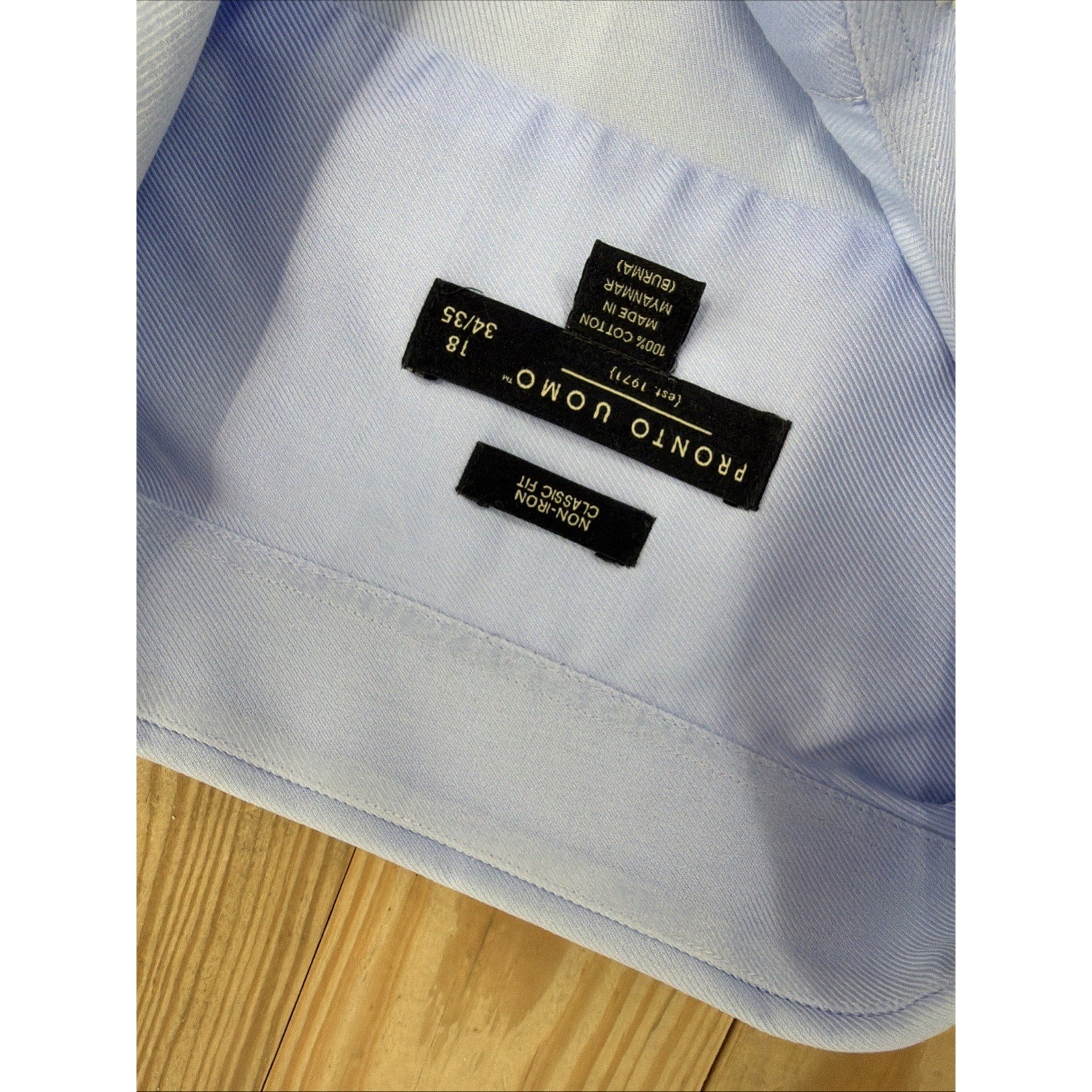 PRONTO UOMO Mens Button Up Non Iron Classic Fit Blue Dress Shirt Size 18.5 34/35
