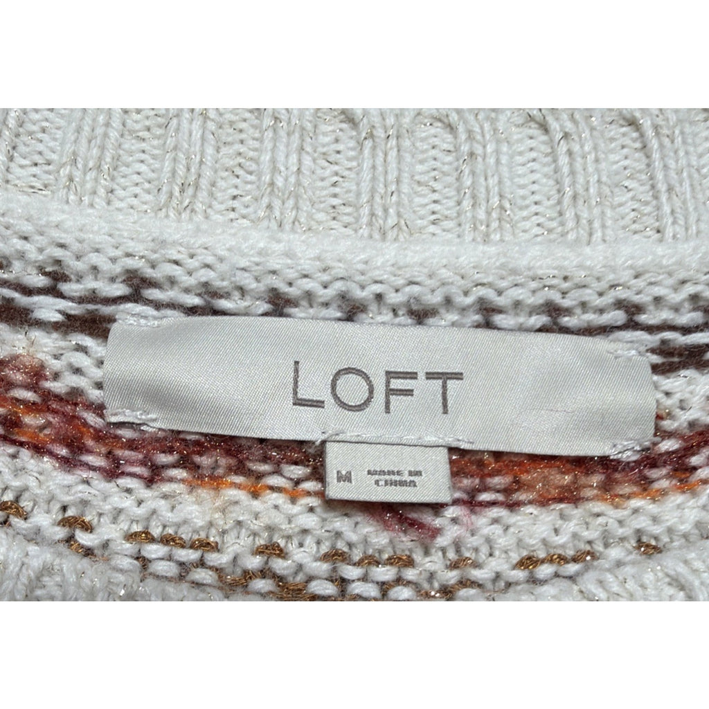 Loft Sweater Womens M Cream Metallic Fair Isle Nordic Cotton Wool Blend Pullover