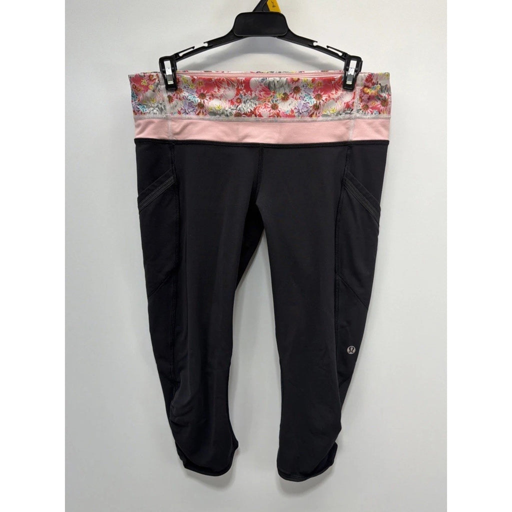 Lululemon Leggings Women's 6 Black Pink Floral Waist Band Cropped Capri Pants