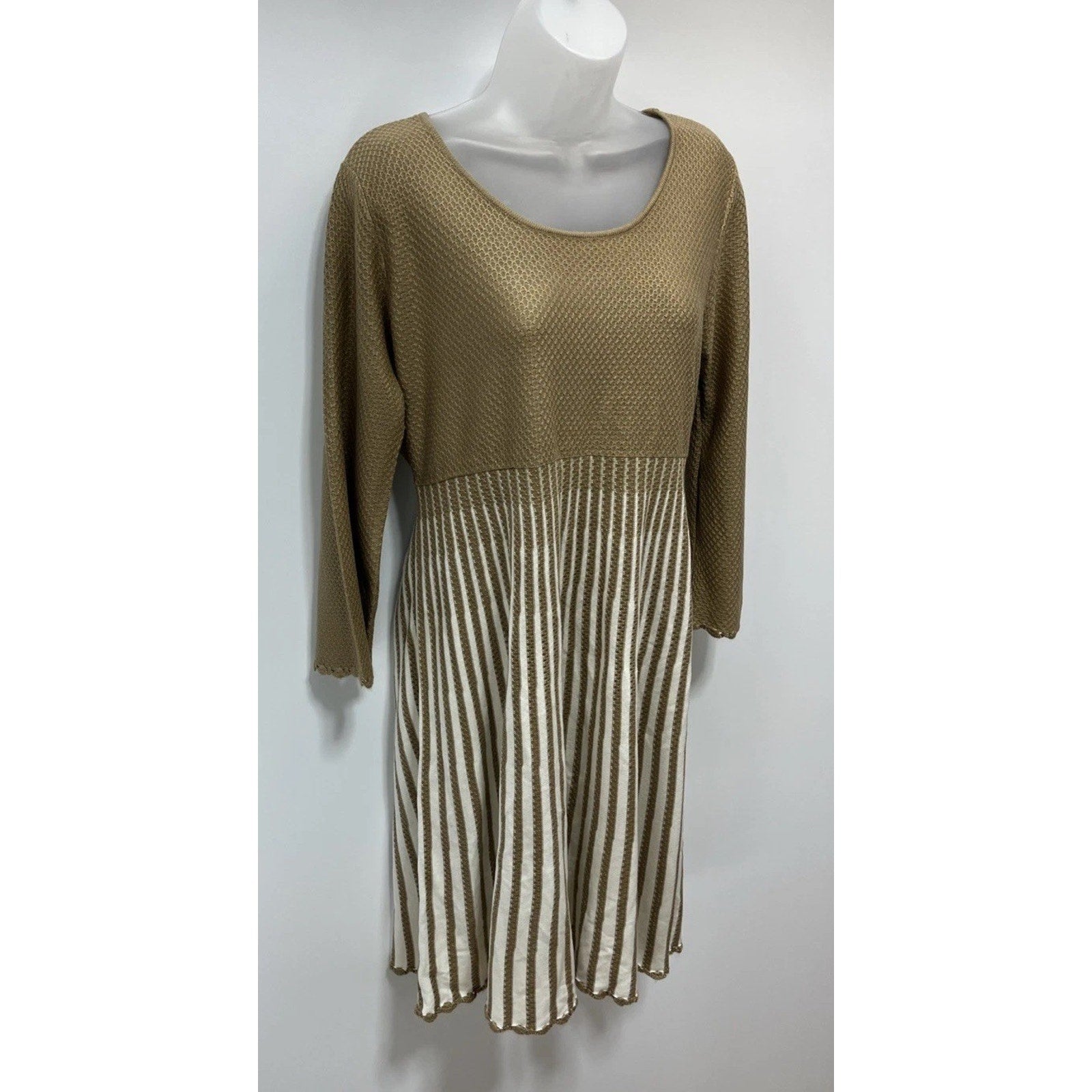 Calvin Klein Vintage Knit Beige Tan Color Block Midi 3/4 Sleeve Sweater Dress XL
