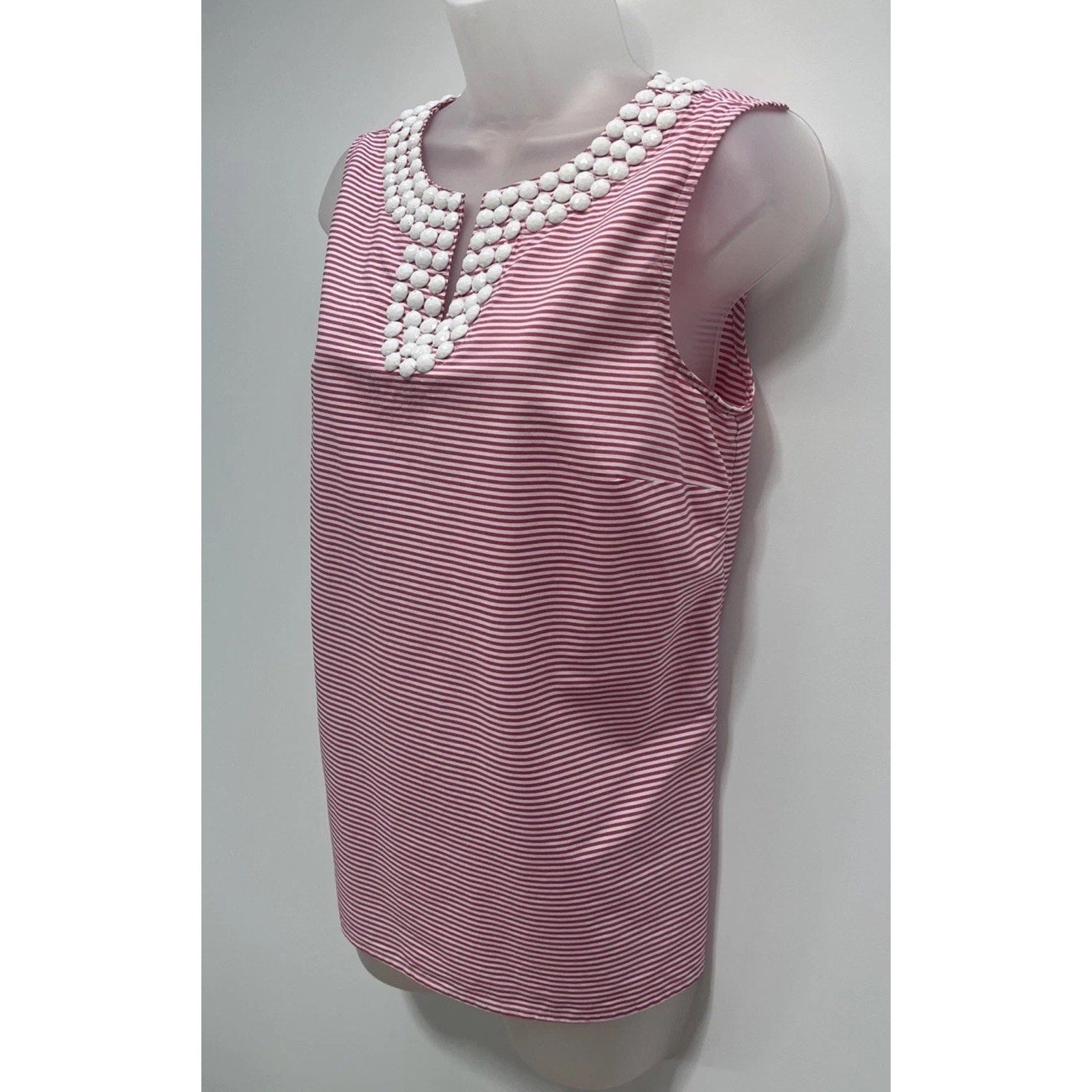 Talbots Women 6 Large Pink White Striped Beaded V-Neck Sleeveless Top Stretch