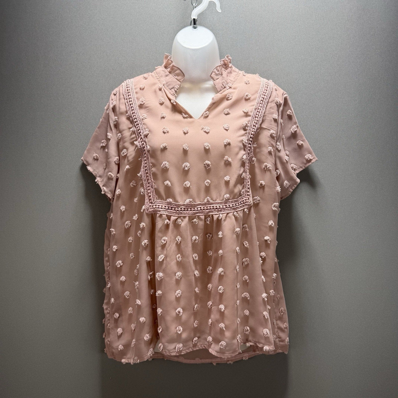 NWT C+D+M Collection Blush Pink Swiss Dot Blouse Women’s L Ruffle Mock Neck Boho
