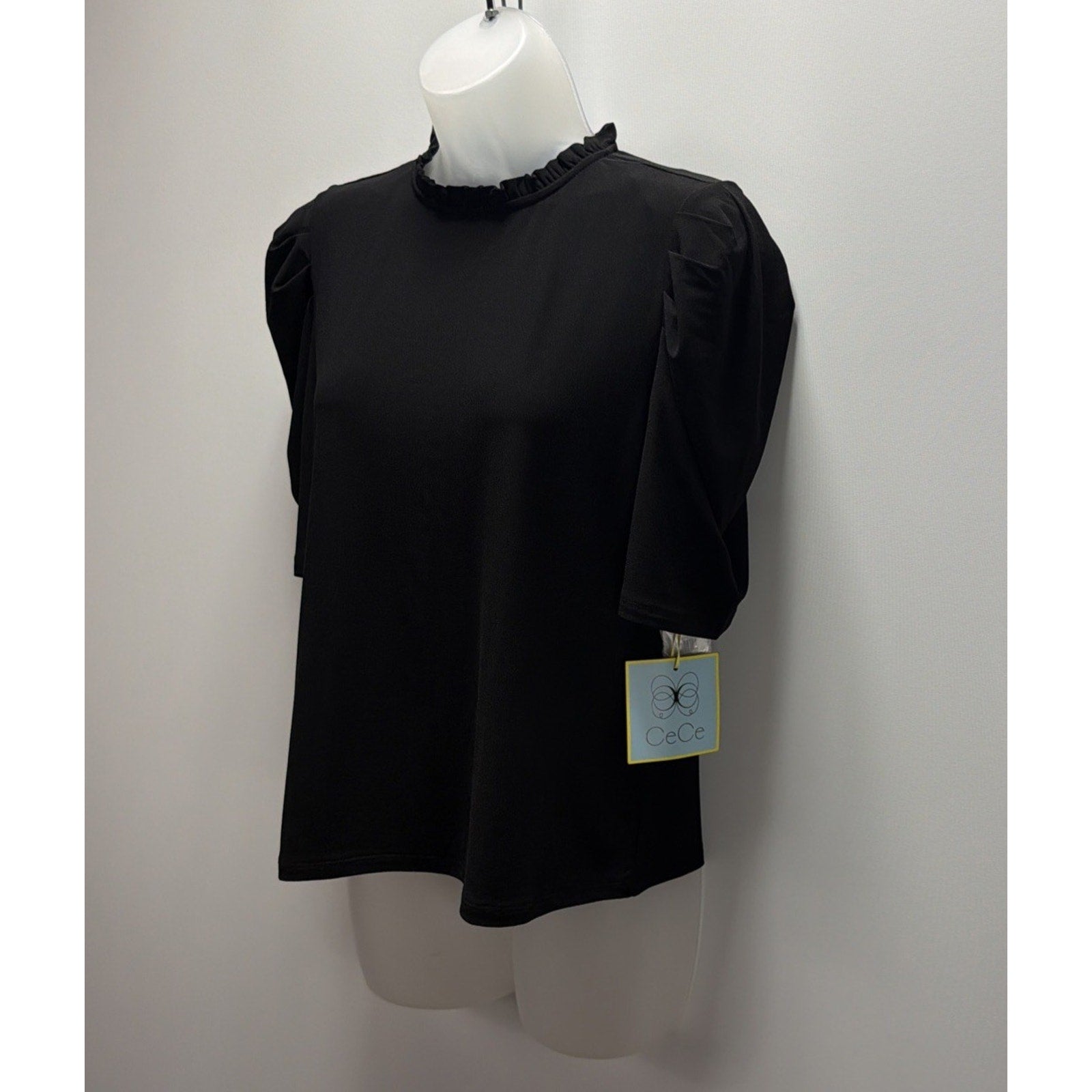 CeCe by Cynthia Steffe Black Puff Sleeve Ruffle Neck Blouse Top Women’s M NWT