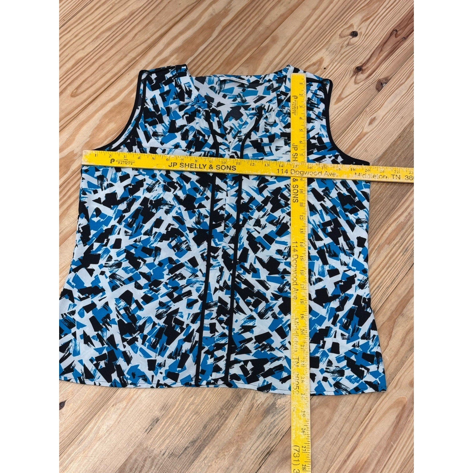 Calvin Klein Blue, Black & White Geometric Print Blouse Measures Petite Large