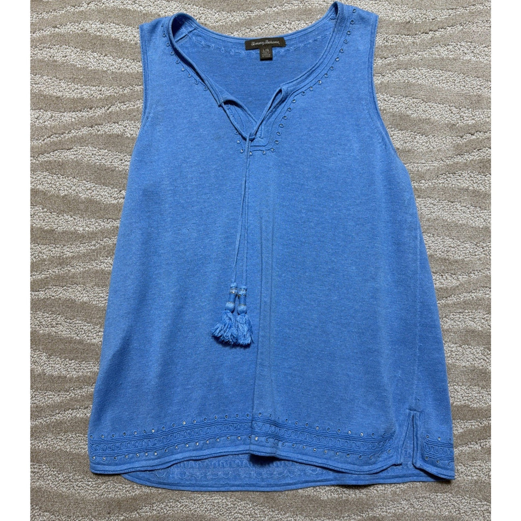 TOMMY BAHAMA 100% Linen Tie Neckline Sleeveless Embellished Top Size Large
