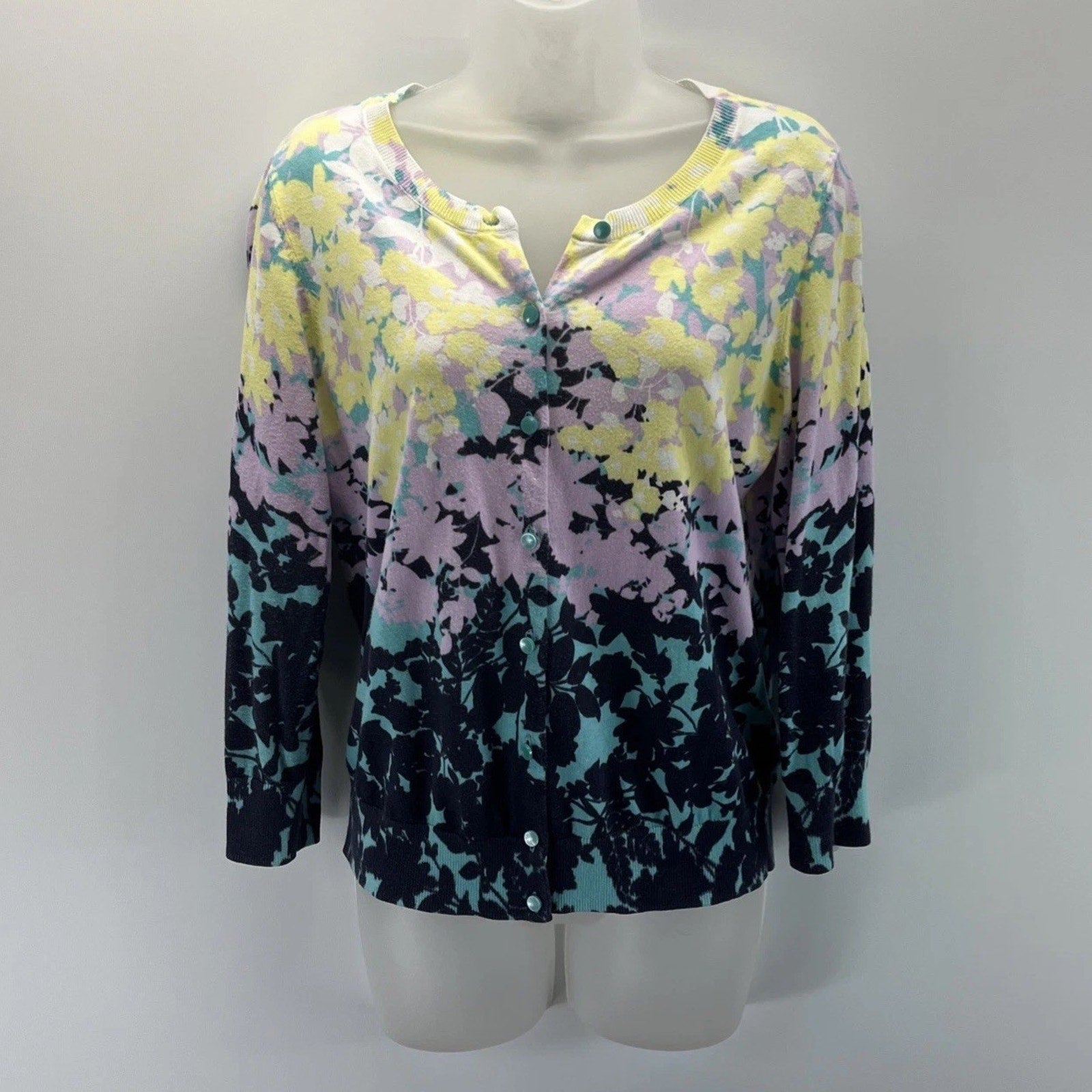 Talbots Floral Cardigan Sweater Button Up 3/4 Sleeve Cotton Rayon Size M