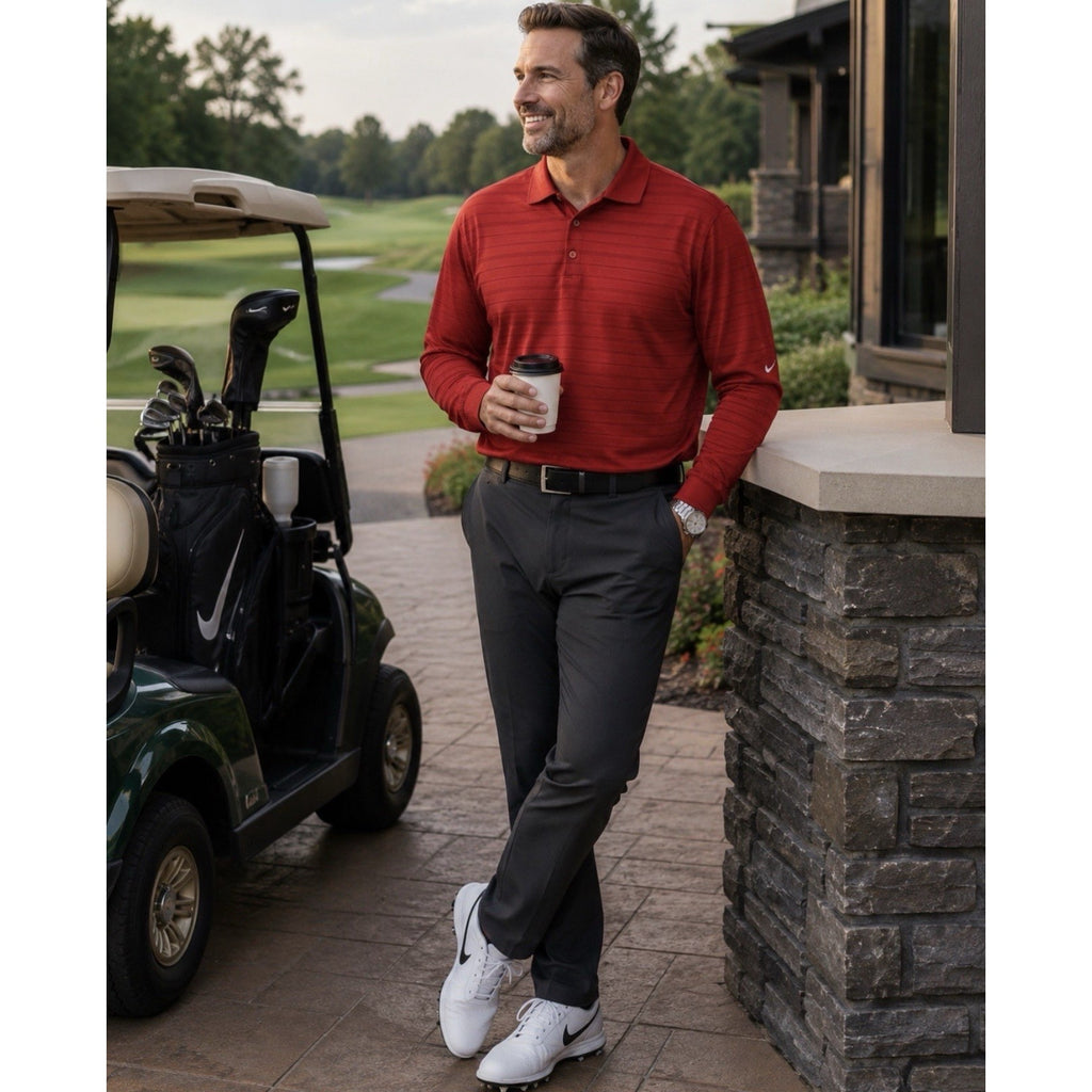 Nike Golf FITDRY Polo Shirt Mens L Red Striped Long Sleeve Performance Golf Y2K