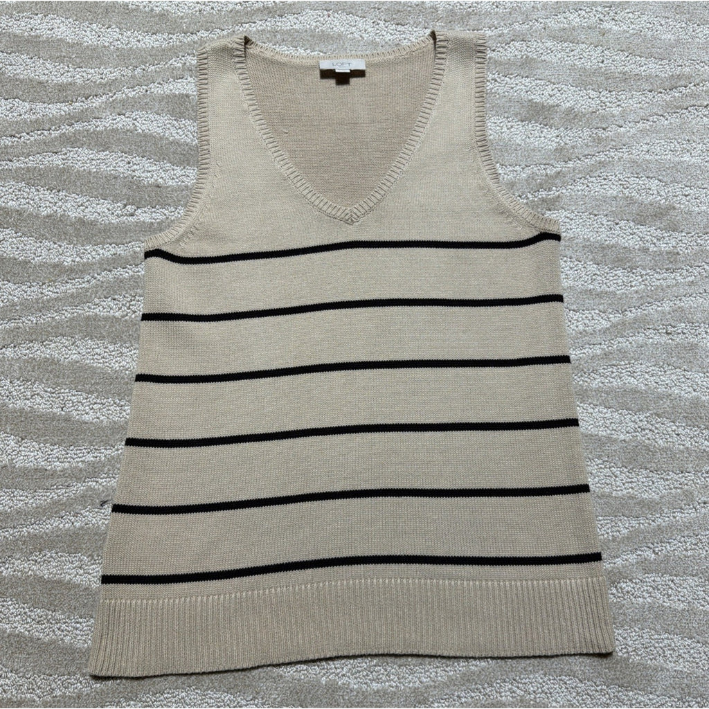 Loft Outlet Tan Knit Coastal Stripe Sweater Vest Sleeveless V neck Size Medium