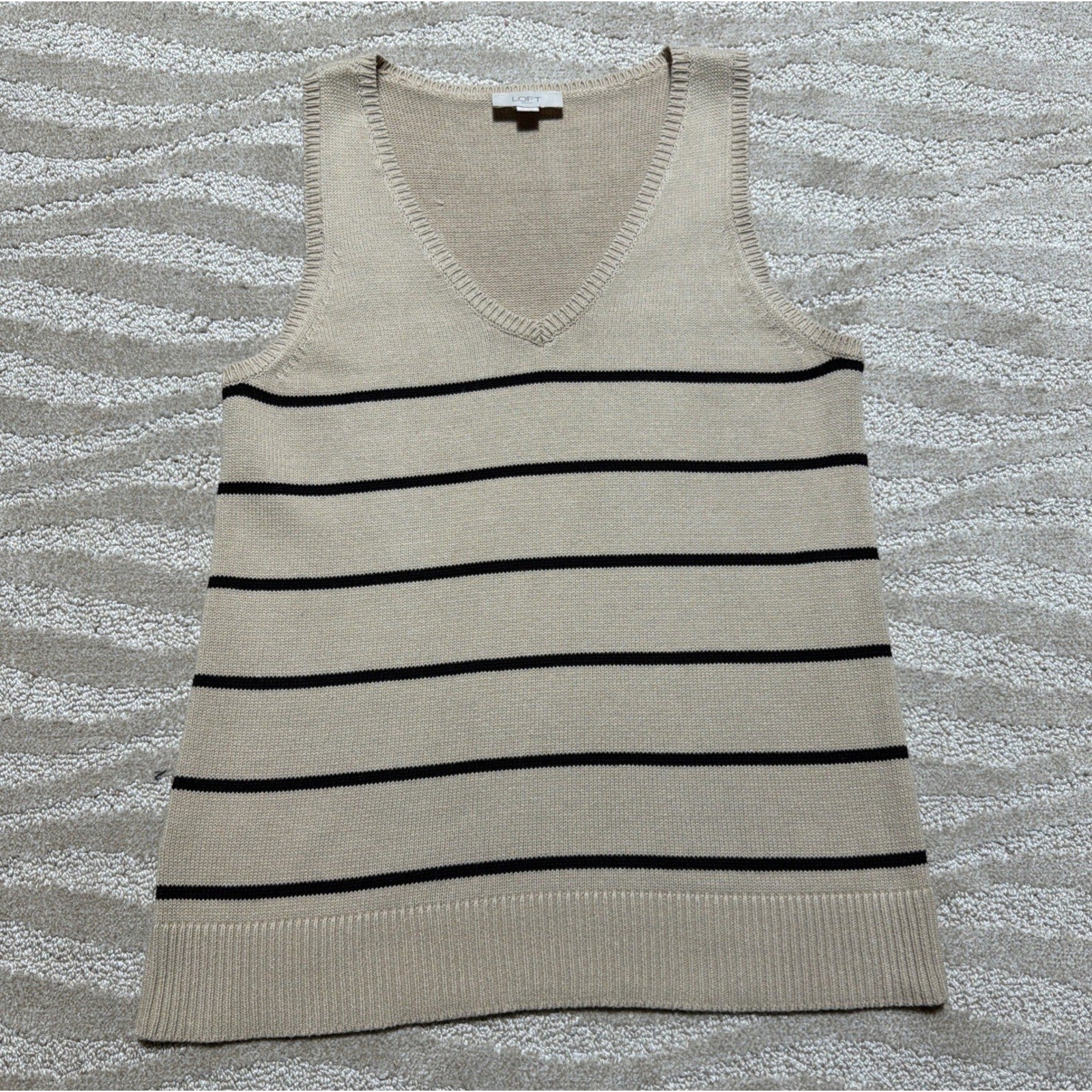 Loft Outlet Tan Knit Coastal Stripe Sweater Vest Sleeveless V neck Size Medium