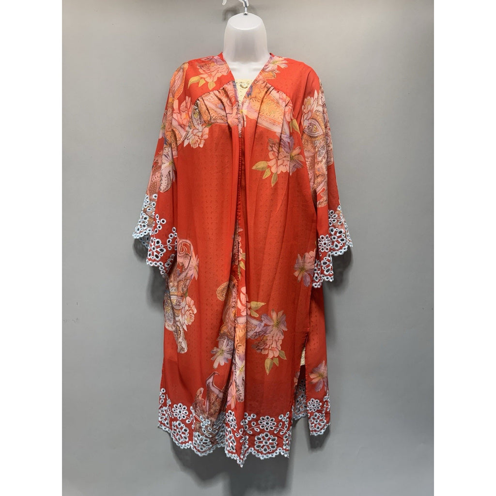 NWT Cato Floral Paisley Kimono Cardigan Cover Up Lace Trim Coral Orange Boho L