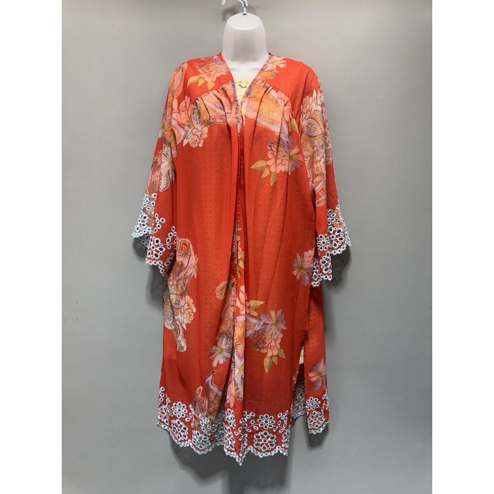 NWT Cato Floral Paisley Kimono Cardigan Cover Up Lace Trim Coral Orange Boho L