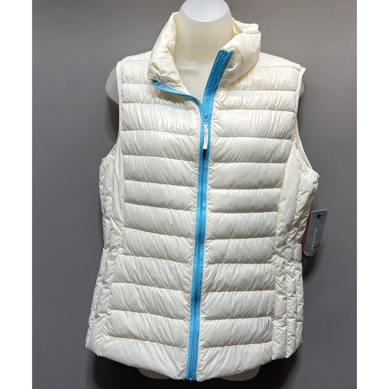 Exertek Womens L White Duck Down Puffer Vest NWT Blue Zip Lightweight
