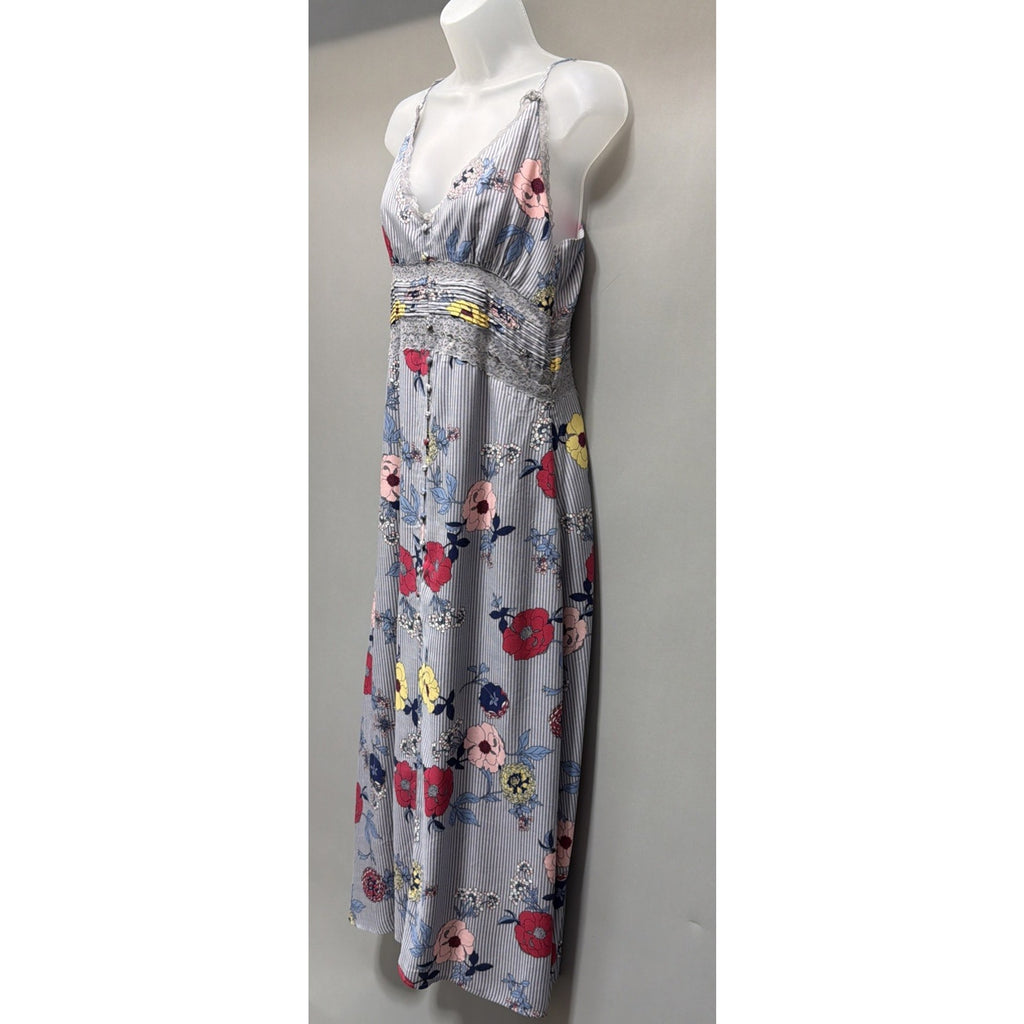 NWT En Creme Floral Striped Lace Maxi Dress M Empire Waist Spaghetti Straps