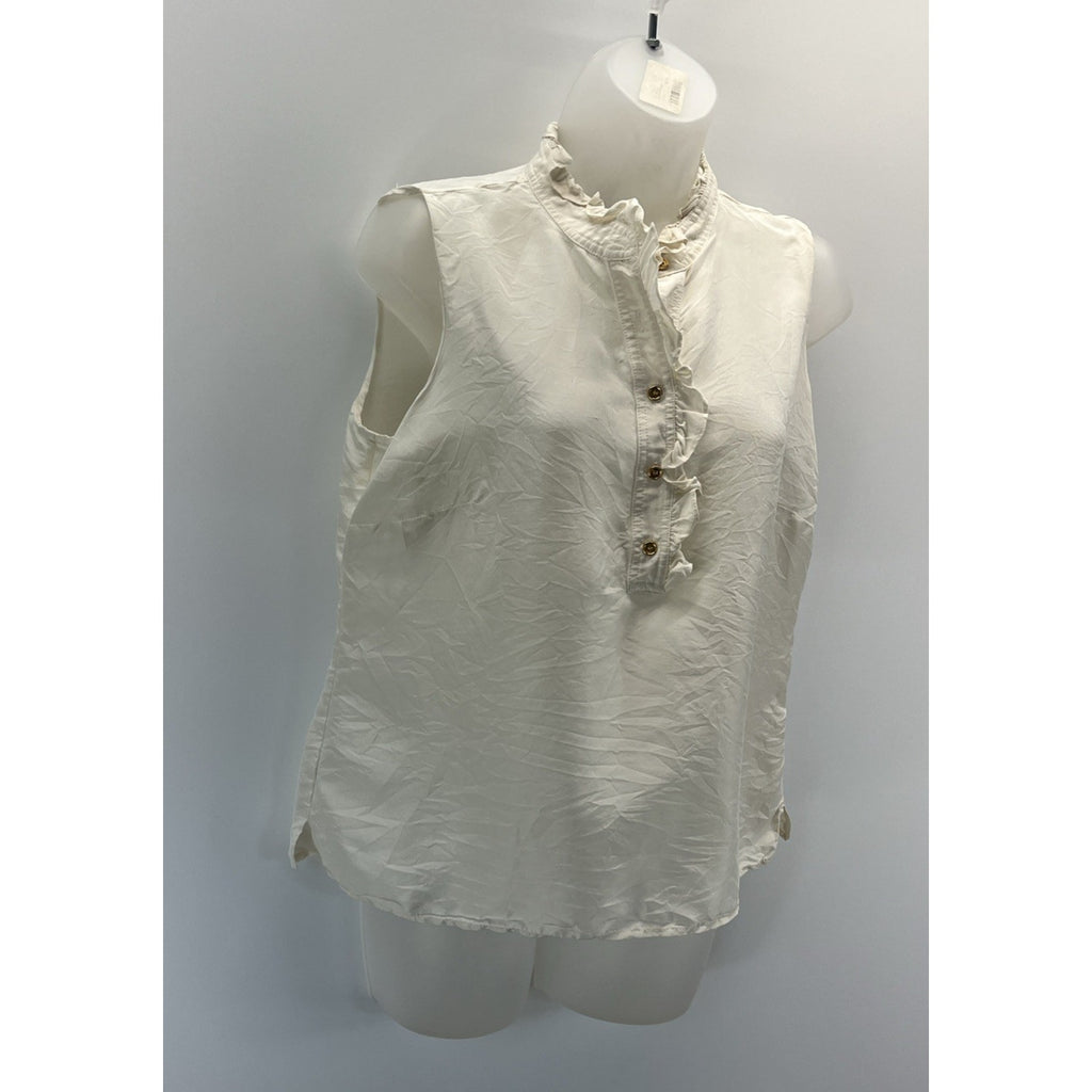Talbots Cream White Silk Pure Split Neck Sleeveless Ruffle High Neck Med 10 P