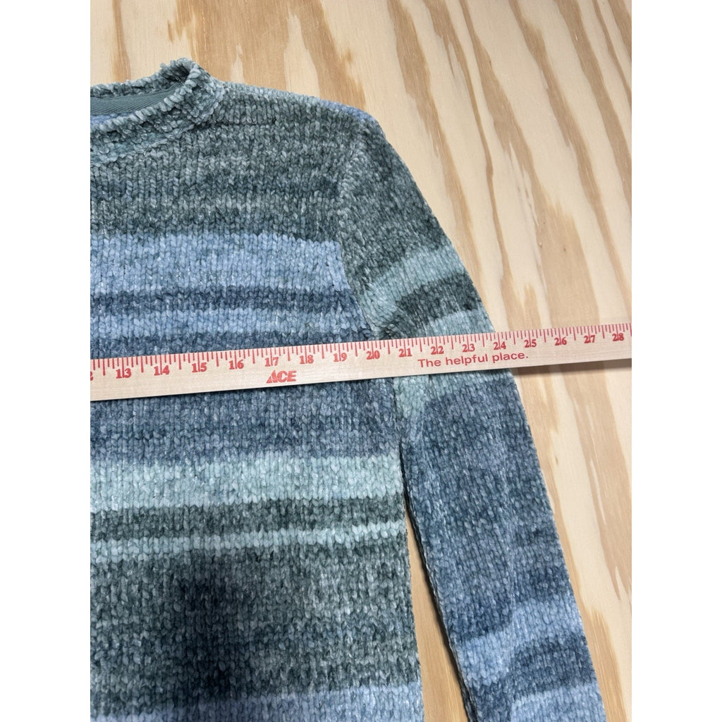 Style & Co Fuzzy Crew Sweater Womens Large Blue Green Striped Soft Plush Cozy