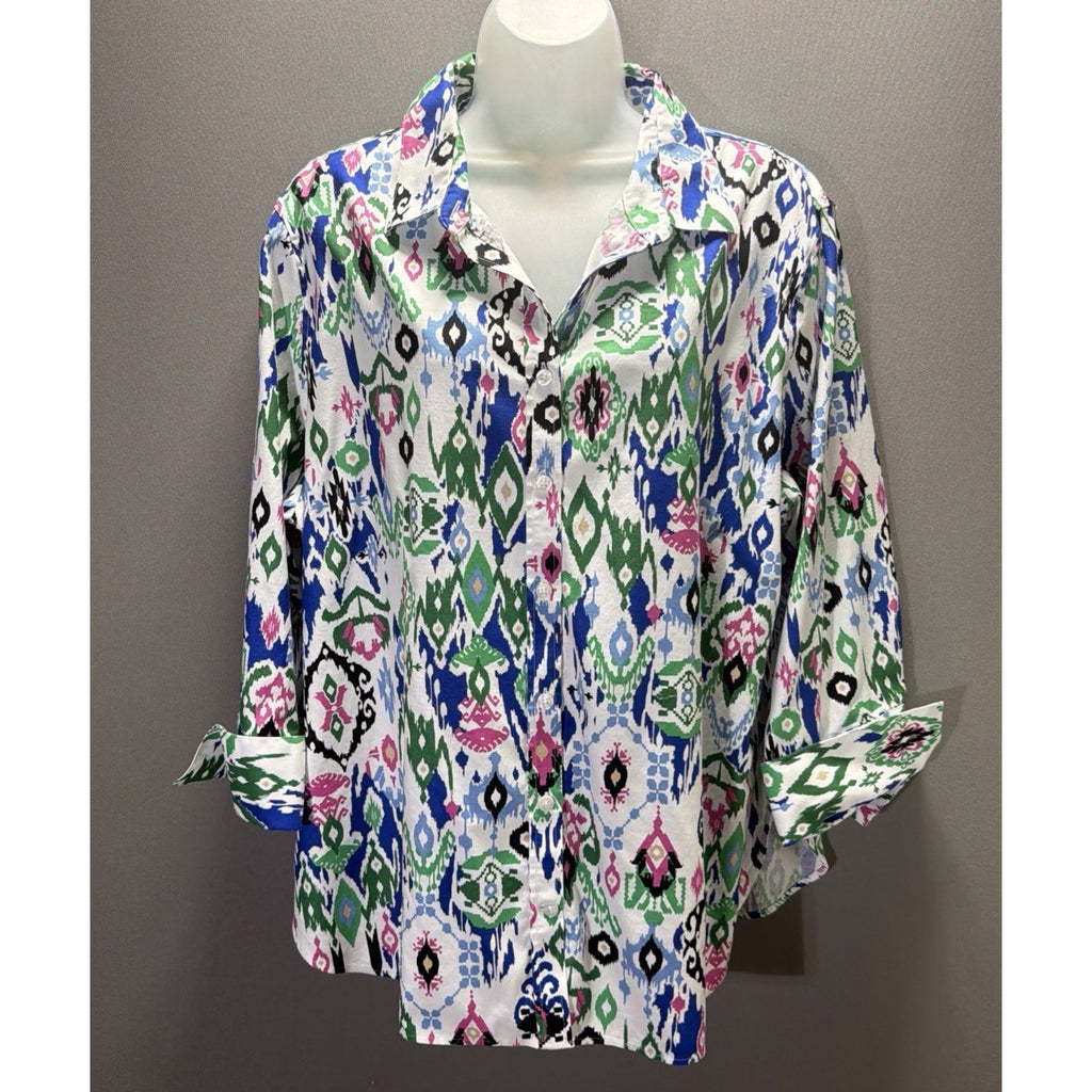 Chico’s No Iron Stretch Aztec Multi Color Button Front Top Size 4 Plus Size 20