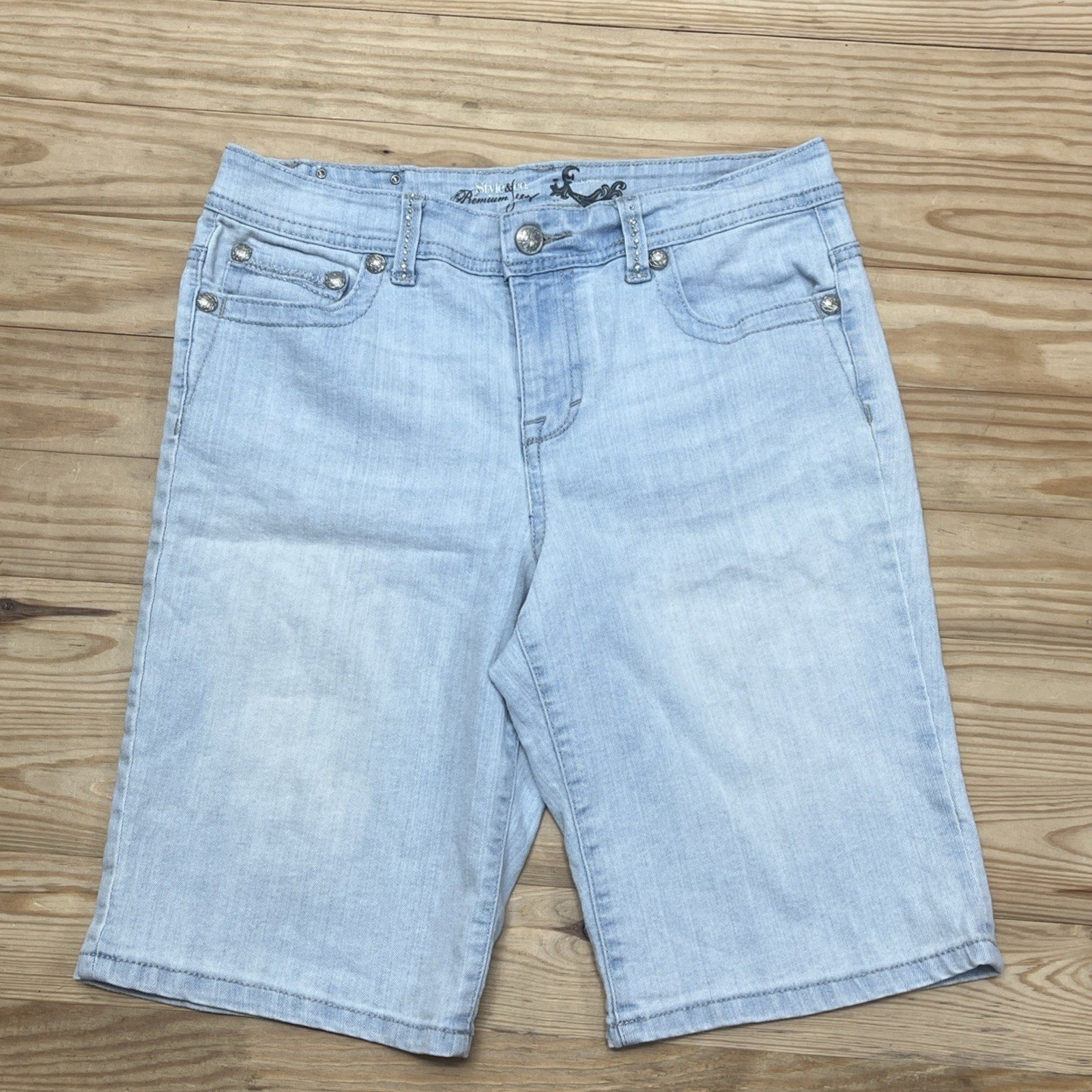 Style & Co Denim Shorts Women’s Sz Premium Bermuda Stretch Rhinestone Bling