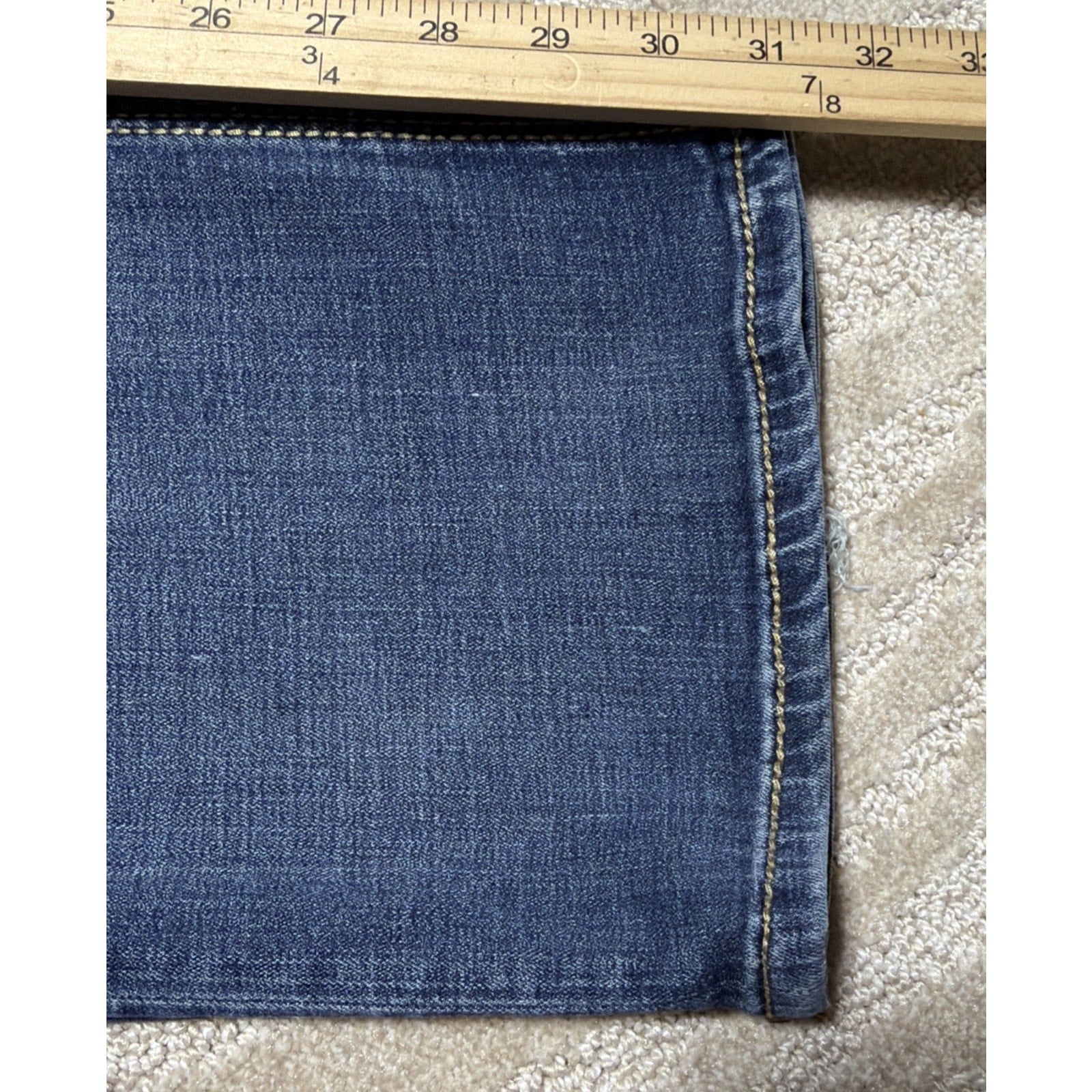 BKE Derek 33R Bootleg Denim Jeans Med Wash Thick Stitch Workwear Stained 33x31