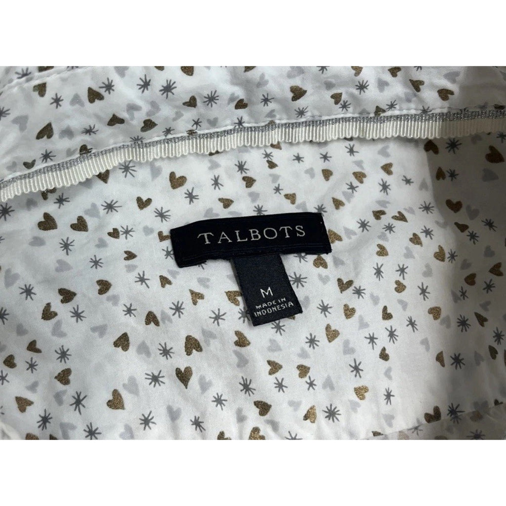 Talbots White W Hearts Lightweight Long Sleeve Button Up Blouse Size Medium