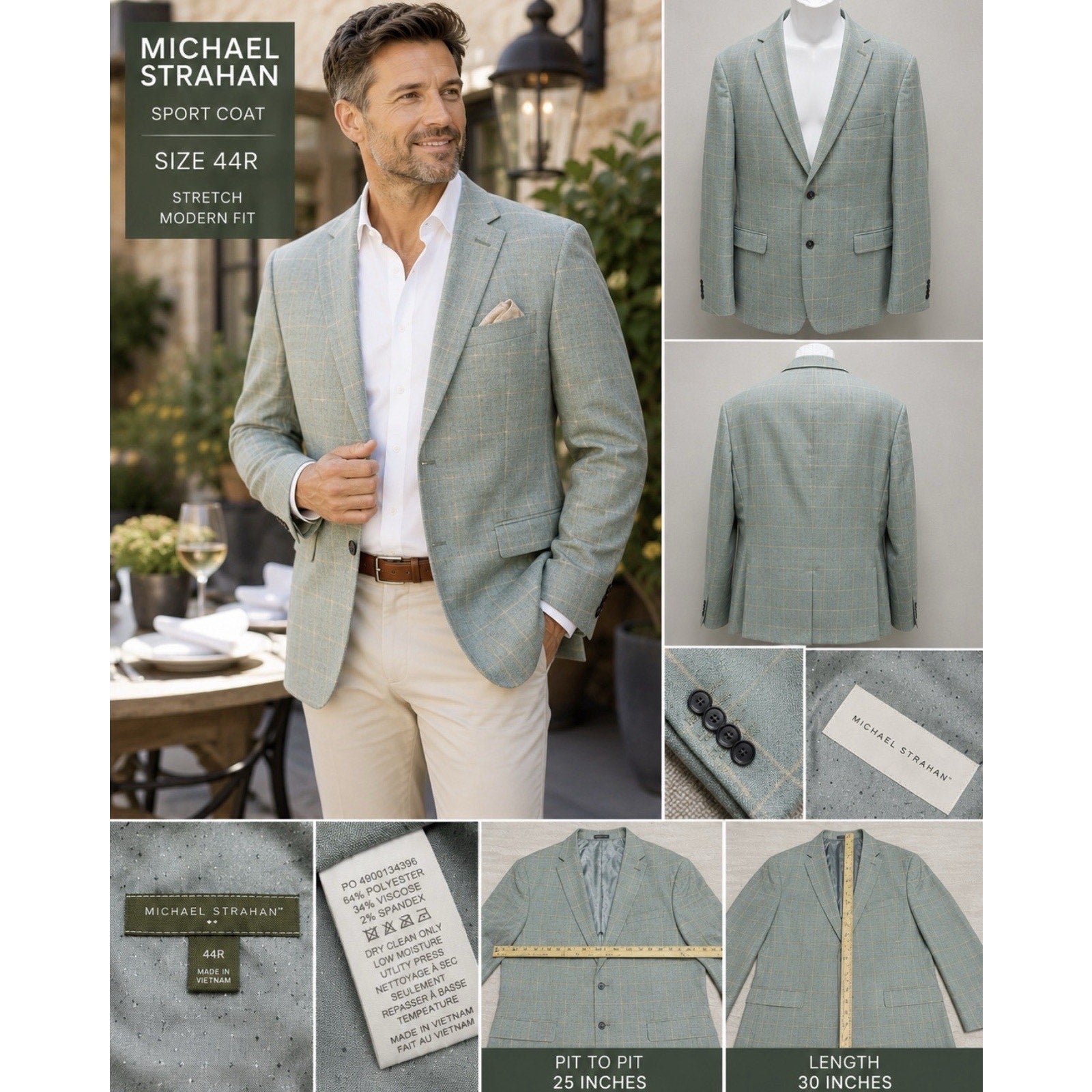 Michael Strahan Gray Windowpane Sport Coat Blazer Men’s 44R Stretch 2-Button