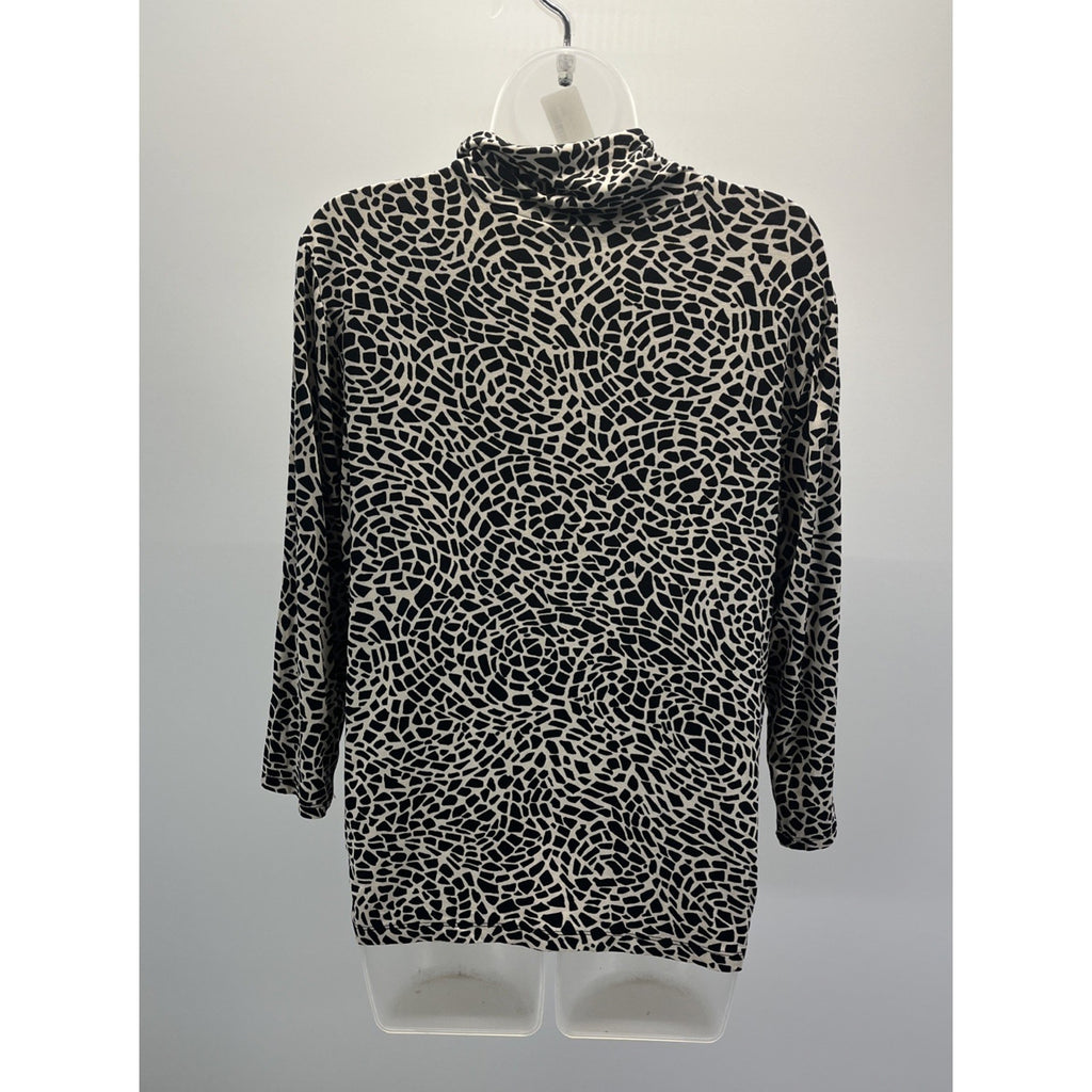 Chico's Black & Beige Animal Print Mock Neck Stretch Blouse, Size 2