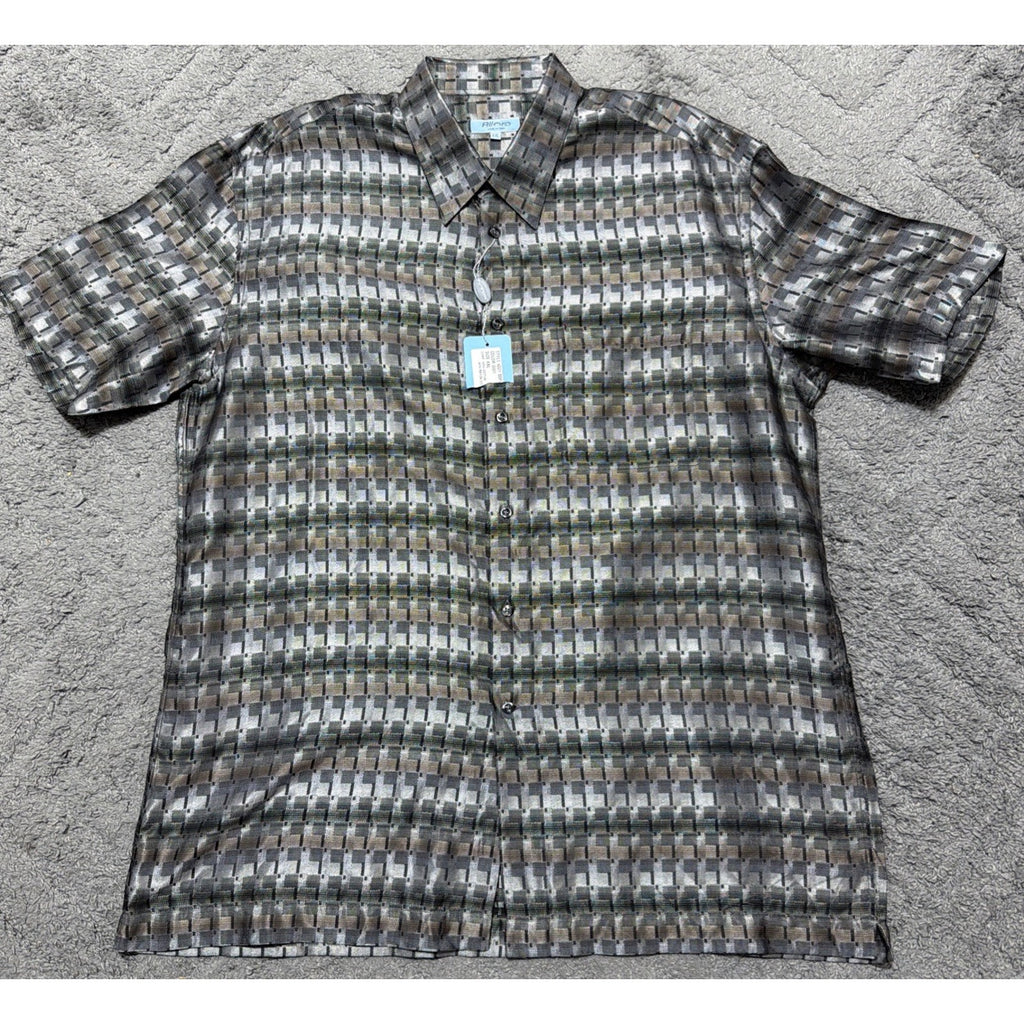 Alora Made In Italy Men’s XXL Geometric Button Front Shirt Gray Tan Retro Y2K