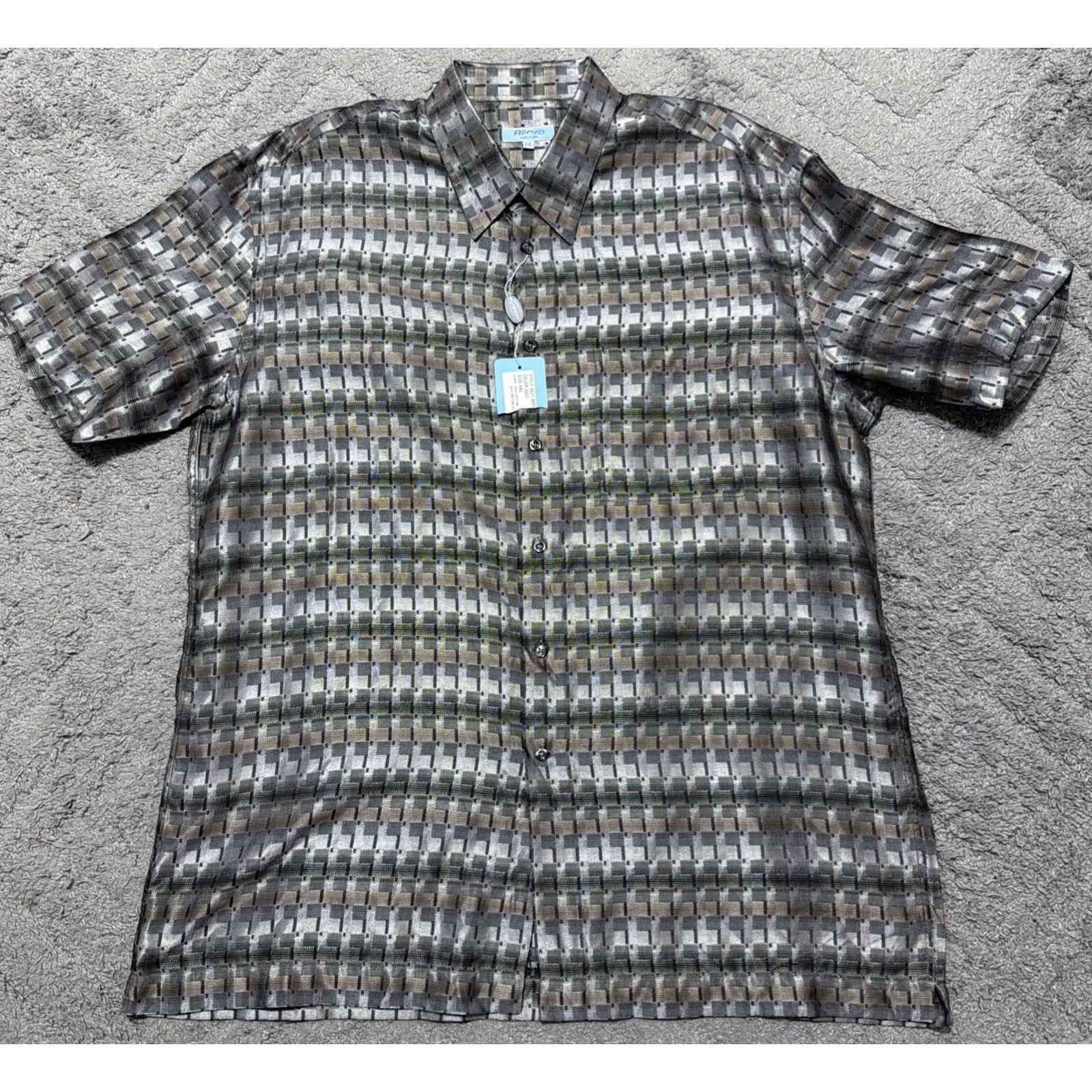 Alora Made In Italy Men’s XXL Geometric Button Front Shirt Gray Tan Retro Y2K