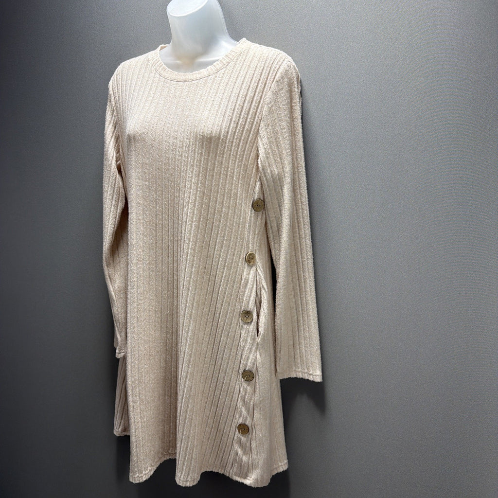 OFEEFAN Women’s Long Sleeve Ribbed Tunic Dress Side Buttons Soft Size Medium